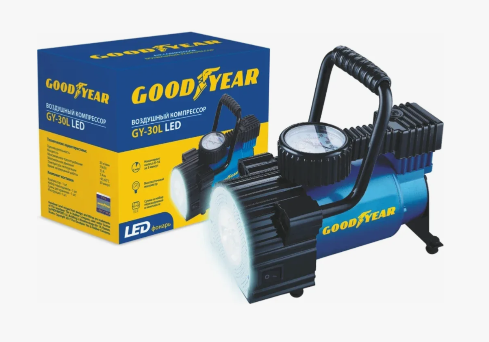 Компрессор метал. 30л/мин в прикуриватель Goodyear GY-30L со съемн.ручкой, сумка для хранения