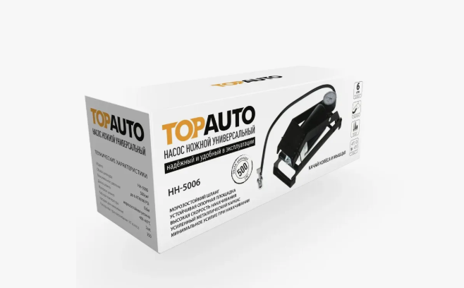 Насос ножной универсальный TOPAUTO, НН-5006 500 см3 с манометром, 3 насадки